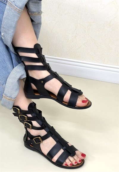 Nola Siyah Deri Kemerli Sandalet