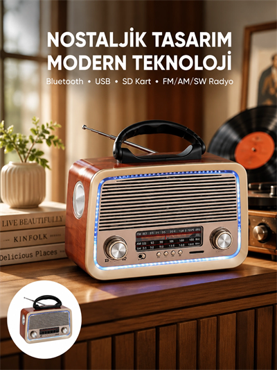 Nostalji Bluetooth Radyo FM AM SW Ahşap Eskitme Tasarım Yeni Nesil