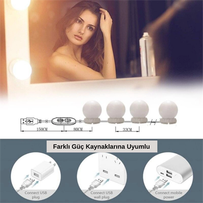 Nostalji Hollywood Tarzı 10'lu Makyaj Masası Aynası Beyaz Led Işıklı Lamba Usb Bx40