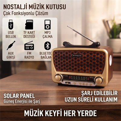Nostalji Müzik Kutusu - Solar Panelli - Şarjlı - AUX Girişi - LED Fener - Bluetooth