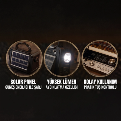 Nostalji Müzik Kutusu - Solar Panelli - Şarjlı - AUX Girişi - LED Fener - Bluetooth