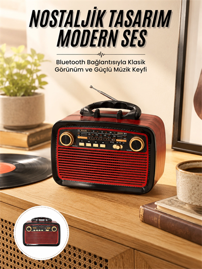 Nostalji Radyo Bluetooth Hoparlör USB-SD Kart Giriş Led Fener Işıklı Bataryalı Pilli Yeni Nesil