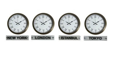 Nostalji Roma Eskitme Metal 4 lü Tabelalı Dünya Saatleri
