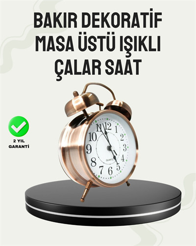 Nostaljik Büyük Boy Metal Masa Saati Bronz Kaplama ve Yüksek Sesli Alarm