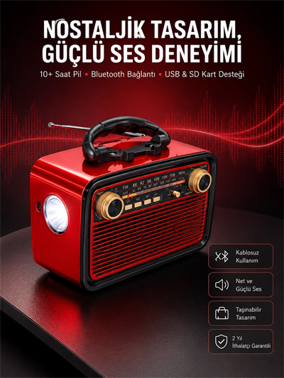 Nostaljik Görünümlü Ahşap Radyo TF SD USB Girişli Led Fener Işıklı