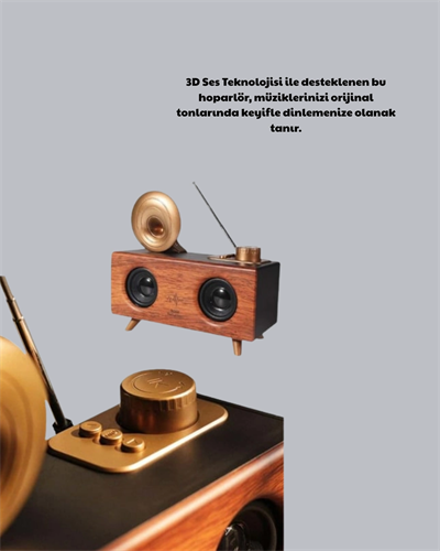 Nostaljik Gramofon Bluetooth Hoparlör – FM Radyo + USB + SD Kart Destekli