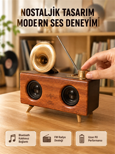 Nostaljik Gramofon Bluetooth Hoparlör – FM Radyo + USB + SD Kart Destekli