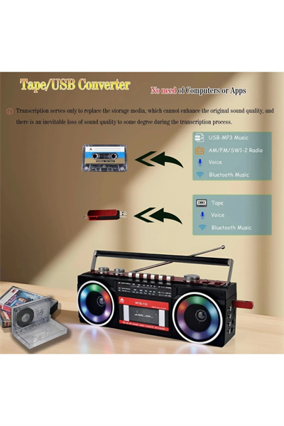 Nostaljik radyo siyah Bluetooth özellikli FM radyo USB MP3 çalar kaset çalar 2 yıl garantili