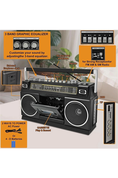 Nostaljik radyo siyah renk bluetooth FM radyo USB MP3 çalar kaset çalar hoparlör
