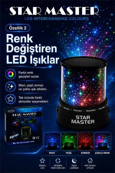 Oda İçin Yıldız Efektli LED Gece Lambası Renkli Işık Yansıtan Dekoratif Projektör