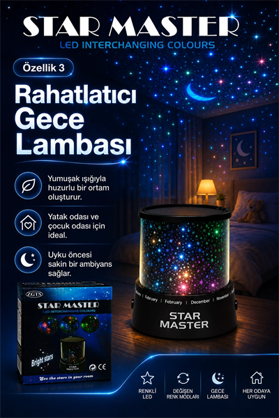 Oda İçin Yıldız Efektli LED Gece Lambası Renkli Işık Yansıtan Dekoratif Projektör
