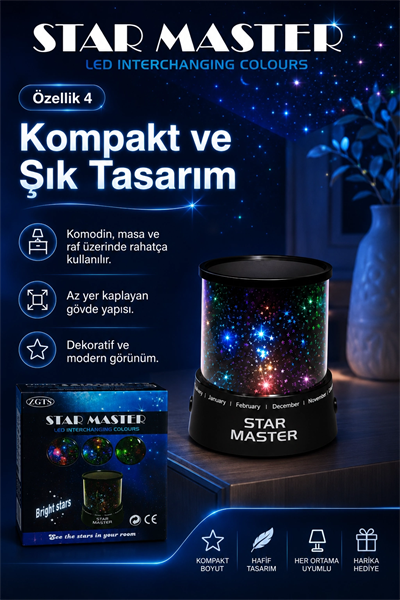 Oda İçin Yıldız Efektli LED Gece Lambası Renkli Işık Yansıtan Dekoratif Projektör