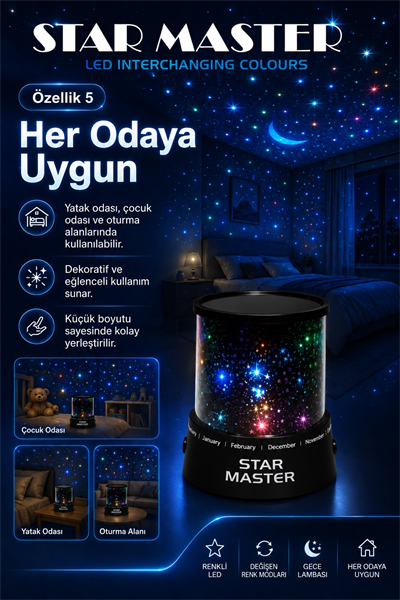 Oda İçin Yıldız Efektli LED Gece Lambası Renkli Işık Yansıtan Dekoratif Projektör