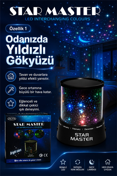 Oda İçin Yıldız Efektli LED Gece Lambası Renkli Işık Yansıtan Dekoratif Projektör