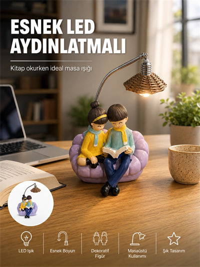 Okuyan Çift Figürlü Dekoratif Gece Lambası Hediye Seçeneği