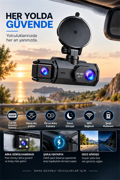 Ön Arka Kamera 1080P Full HD WiFi 180° Geniş Açı Şarjlı