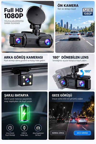 Ön Arka Kamera 1080P Full HD WiFi 180° Geniş Açı Şarjlı