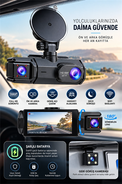 Ön Arka Kayıt 1080P Full HD 180° Geniş Açı Şarjlı Kullanım