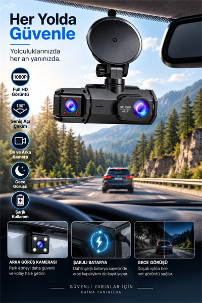 Ön Arka Kayıt 1080P Full HD 180° Geniş Açı Şarjlı Kullanım