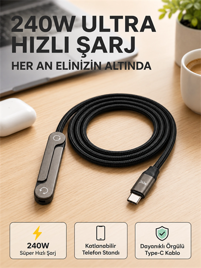 Örgülü 240W Type-C Katlanabilir Telefon Standlı Şarj Kablosu