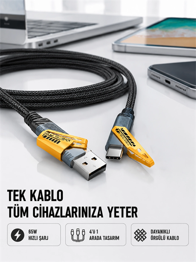 Örgülü Tasarım 4’ü 1 Arada USB-C Lightning Hızlı Şarj Kablosu