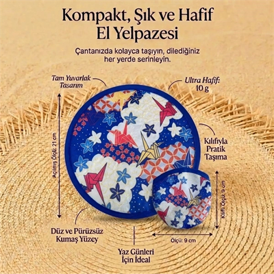 Origami Turna Kuşu Desenli Katlanabilir Cep Yelpazesi - Japon Stili Kılıflı El Yelpazesi Bx40
