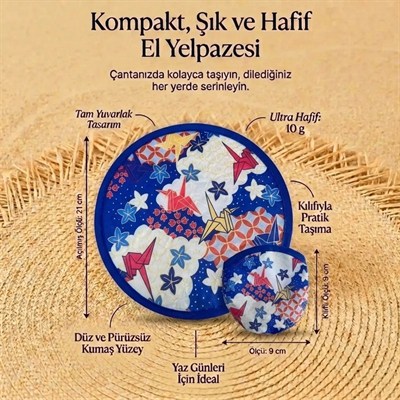 BUFFER® Origami Turna Kuşu Desenli Pratik Katlanabilir El Yelpazesi – Japon Stili Kılıflı Yuvarlak Otomatik Açılıp Kapanan Cep Yelpazesi