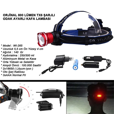 Orjinal 800 Lümen T6 Şarjlı Kafa Feneri Wt-265