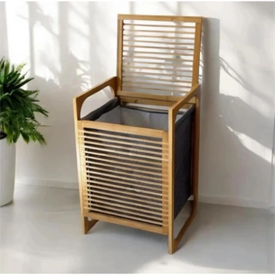 Orta Boy Ahşap Bambu Kirli Sepeti 40x35x60