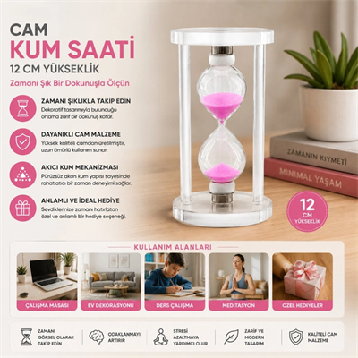 Orta Boy Cam Standlı Kum Saati - 12 cm Yükseklik - Dekoratif Süs Eşyası