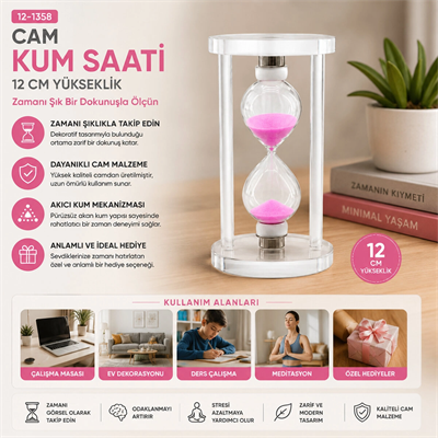 Orta Cam Kum Saati Cam Standlı= Çap: 6.8cm-yükseklik: 12cm Bx40
