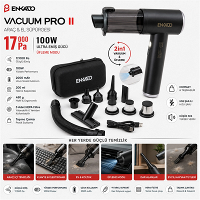 Oto Araç - 2ın1 Şarjlı 100w - 17000pa 9 Başlık - 3 Filtre El Tipi Basınçlı Hava Üfleme - Araç Süpürge Makinesi Taşıma Çantalı Ekd-sp10 Bx40