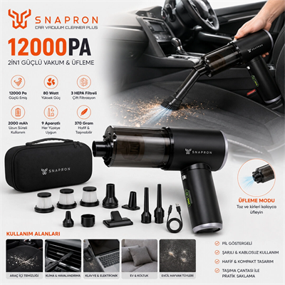 Oto Araç - 2ın1 Şarjlı 80w - 12000pa 9 Başlık - 3 Filtre El Tipi Basınçlı Hava Üfleme - Araç Süpürge Makinesi Taşıma Çantalı Snv-3002 Bx40