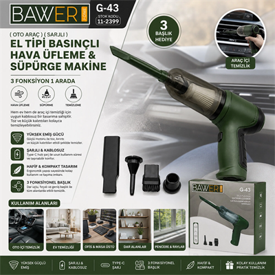 Oto Araç Sarjlı El Tipi Basınçlı Hava Üfleme - Süpürge Makine 3 Başlık G-43 Bx40