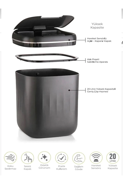 Otomatik Hareket Sensörlü Akıllı Çöp Kovası – 20 Litre Sessiz ve Hijyenik Kullanım