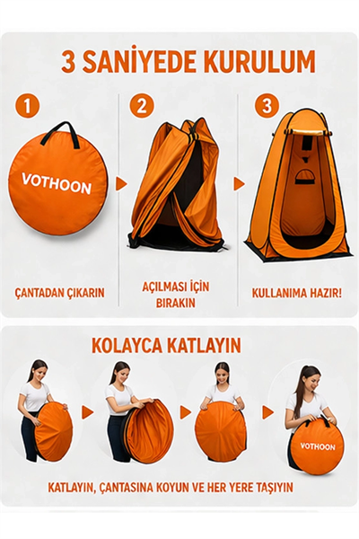 Otomatik Kabin Giyinme Çadırı 120x120x190 Cm Üst Havalandırma Yan Pencereli Duş & Wc Çadırı