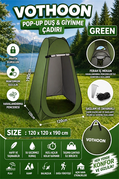 Otomatik Kabin Giyinme Çadırı 120x120x190 Cm Üst Havalandırma Yan Pencereli Duş & Wc Çadırı