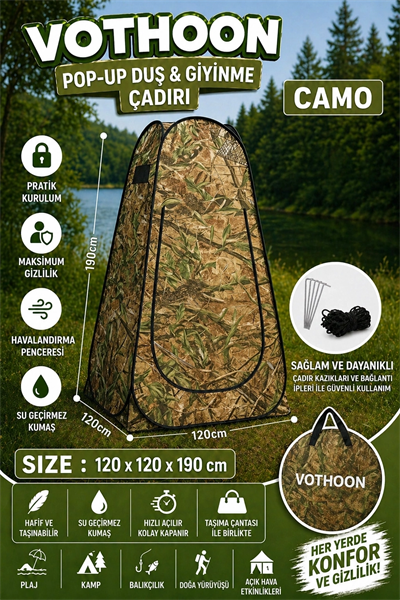 Otomatik Kabin Giyinme Çadırı 120x120x190 Cm Üst Havalandırma Yan Pencereli Duş & Wc Çadırı