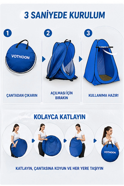 Otomatik Kabin Giyinme Çadırı 120x120x190 Cm Üst Havalandırma Yan Pencereli Duş & Wc Çadırı Mavi