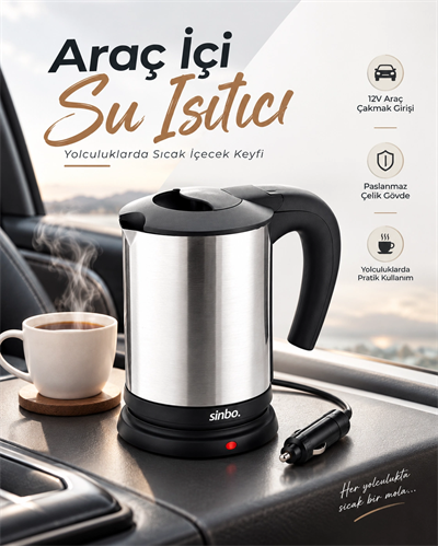 Otomobil İçin 12V Çakmak Soketli Paslanmaz Çelik Taşınabilir Su Isıtıcı Seyahat Kettle