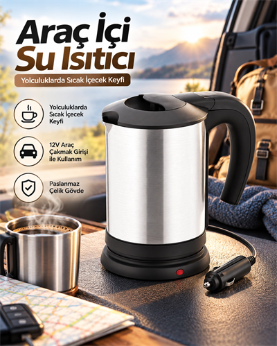 Otomobilde Kullanıma Uygun 12V Çakmak Soketli Paslanmaz Çelik Pratik Su Isıtıcı Kettle