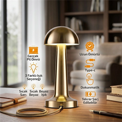 Oval - Metal Mantar Masa Lambası Dokunmatik - Renkli Type-c Şarjlı 3 Fonksiyonlu Yl86-1231 Bx40