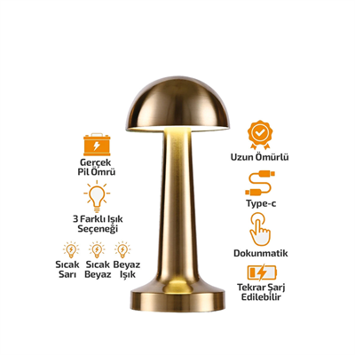 Oval - Metal Mantar Masa Lambası Dokunmatik - Renkli Type-c Şarjlı 3 Fonksiyonlu Yl86-1231 Bx40