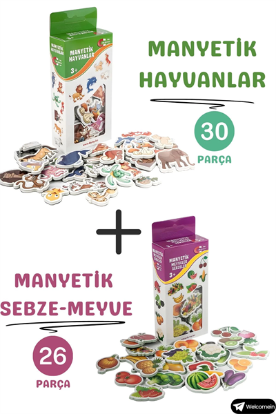 Oyuncak Manyetik Mıknatıslı 30 Parça Hayvanlar 26 Parça Sebze Meyveler Eğitici Set Magnet