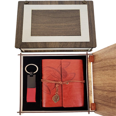Özel Ahşap Kutulu Kiremit Rengi Deri Defter ve Anahtarlık Set