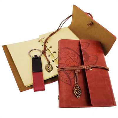 Özel Ahşap Kutulu Kiremit Rengi Deri Defter ve Anahtarlık Set