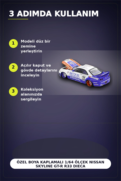 Özel Boya Kaplamalı 1/64 Ölçek Nissan Skyline GT-R R33 Diecast Model Araba BX-313372
