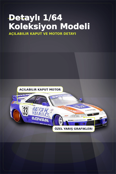 Özel Boya Kaplamalı 1/64 Ölçek Nissan Skyline GT-R R33 Diecast Model Araba BX-313372