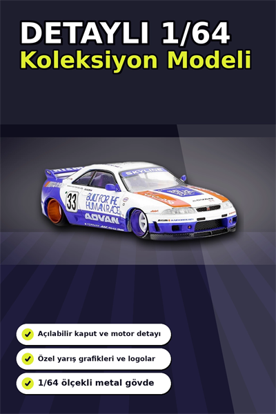 Özel Boya Kaplamalı 1/64 Ölçek Nissan Skyline GT-R R33 Diecast Model Araba BX-313372