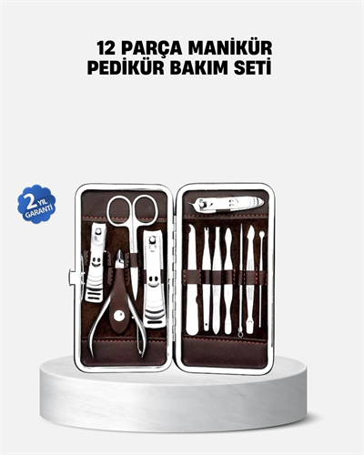 Özel Deri Çantalı 12 Parça Manikür Pedikür Bakım Seti Paslanmaz Çelik